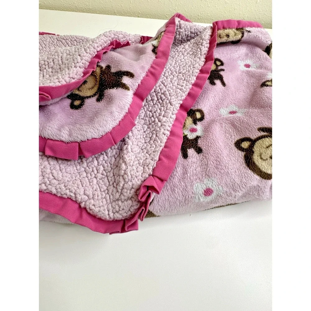 Carters Pink Sherpa Monkey Baby Blanket Flowers Smiling Hard to Find